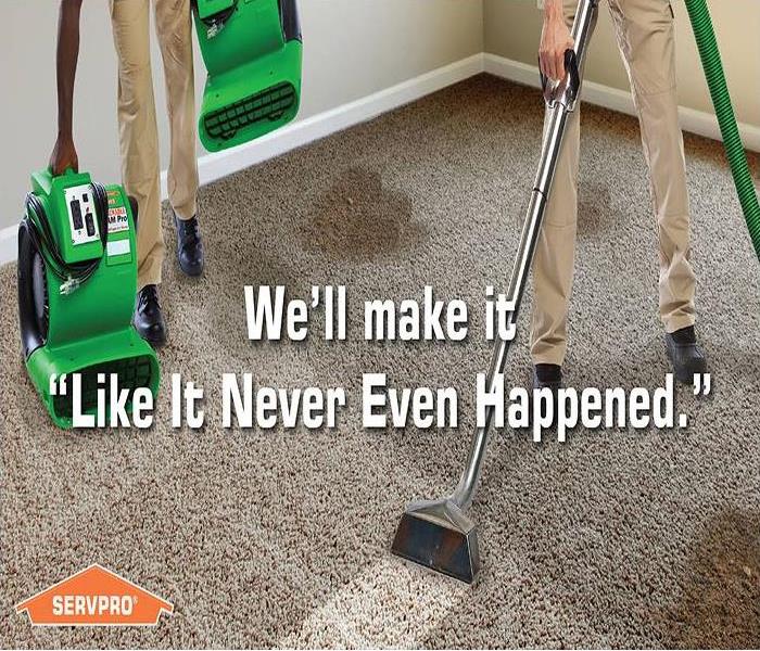 Two men steam cleaning a dirty carpet with the tagline, We'll make it "Like it never even happened."  